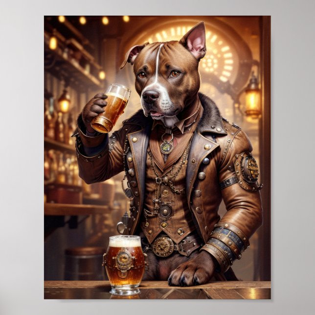 Pitbull in steampunk dress drinking beer in a pub  poster (Front)