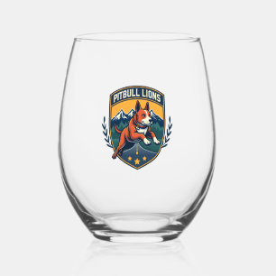 Pitbull Lions Vintage Mascot Sports Badge Vector D Stemless Wine Glass