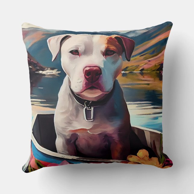 Pitbull on a Paddle: A Scenic Adventure Throw Pillow (Back)