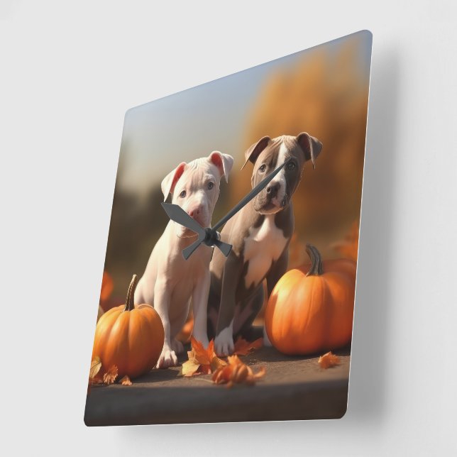Pitbull Puppy Autumn Delight Pumpkin  Square Wall Clock (Angle)