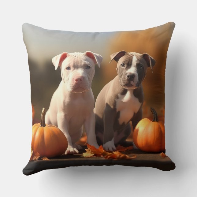 Pitbull Puppy Autumn Delight Pumpkin  Throw Pillow (Back)