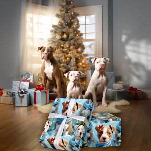 PitBull Puppy Blue Scarf Red Bow Christmas Wrapping Paper