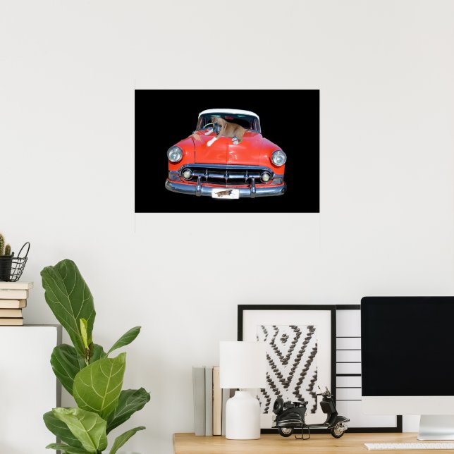 Pitbull Puppy On A Classy Red Car, Poster (Home Office)
