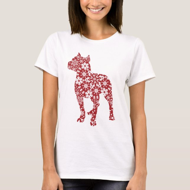 Pitbull, Red Boho Christmas Snowflakes T-Shirt (Front)