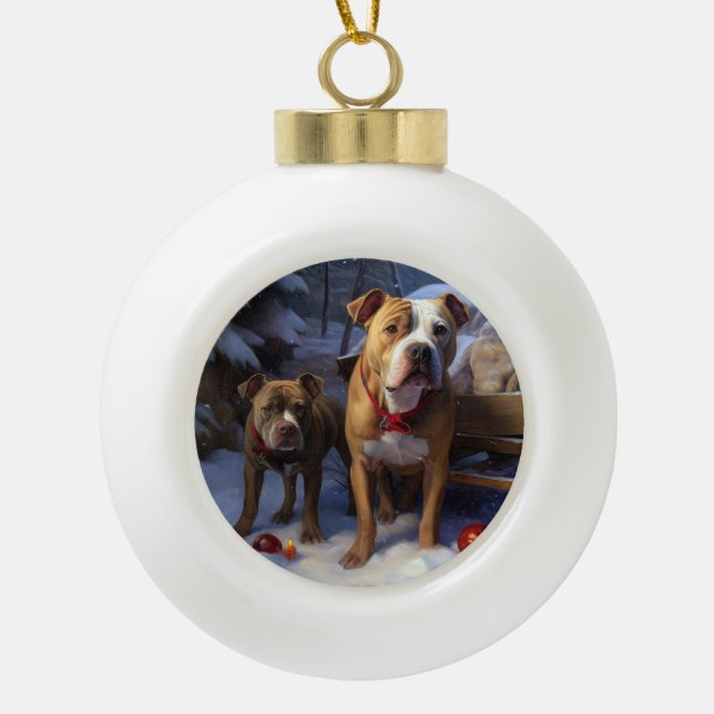 Pitbull Snowy Sleigh Christmas Decor Ceramic Ball Christmas Ornament (Front)