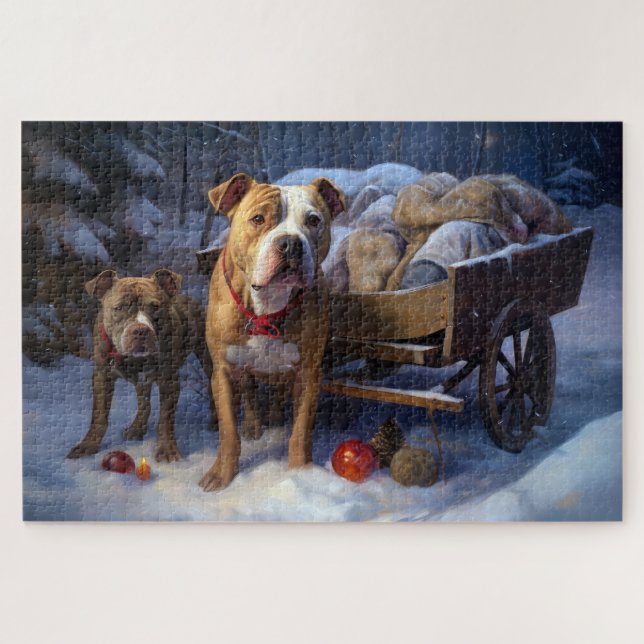 Pitbull Snowy Sleigh Christmas Decor Jigsaw Puzzle (Horizontal)