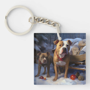 Pitbull Snowy Sleigh Christmas Decor Keychain