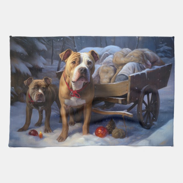 Pitbull Snowy Sleigh Christmas Decor Kitchen Towel (Horizontal)