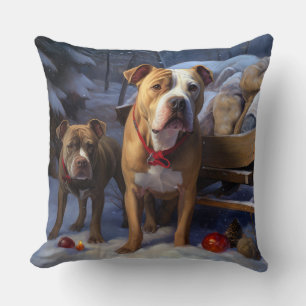 Pitbull Snowy Sleigh Christmas Decor Throw Pillow