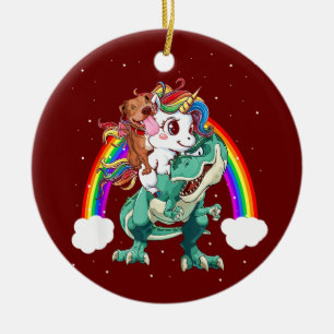 Pitbull Unicorn Riding Dinosaur T rex Funny Christ Ceramic Ornament
