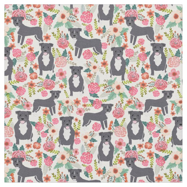 Pitbull vintage florals grey dog cream fabric (Close Up)