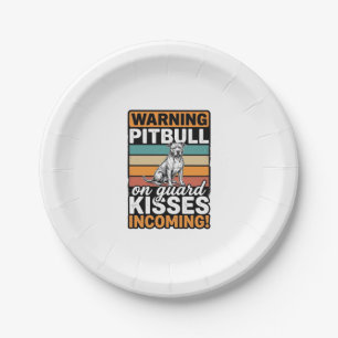 Pitbull Warning Kisses Incoming Vintage Dog Design Paper Plate