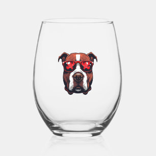 Pitbull Wearing Sunglasses in Canada colours Stemless Wine Glass