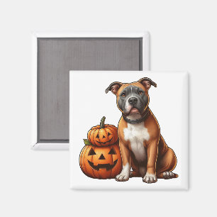 Pitbull with Halloween Pumpkins Magnet
