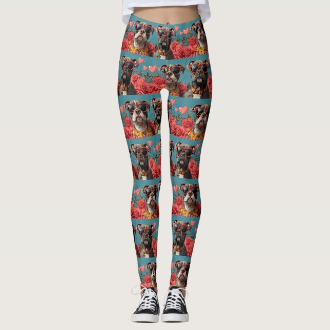 Pitbull With Heart Roses Valentine's Day Leggings (Front)