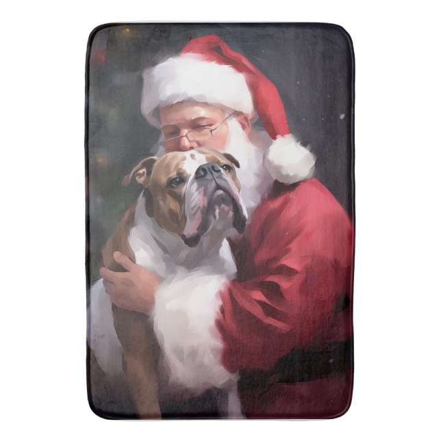 Pitbull With Santa Claus Festive Christmas Bath Mat (Front Vertical)