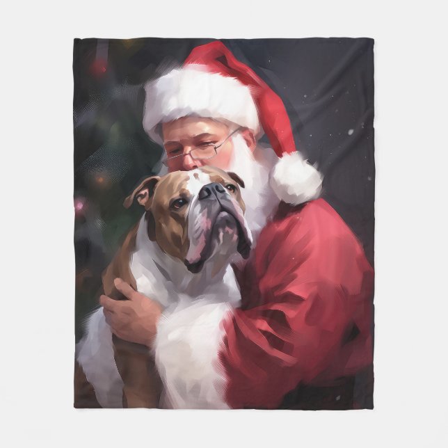 Pitbull With Santa Claus Festive Christmas Fleece Blanket (Front)