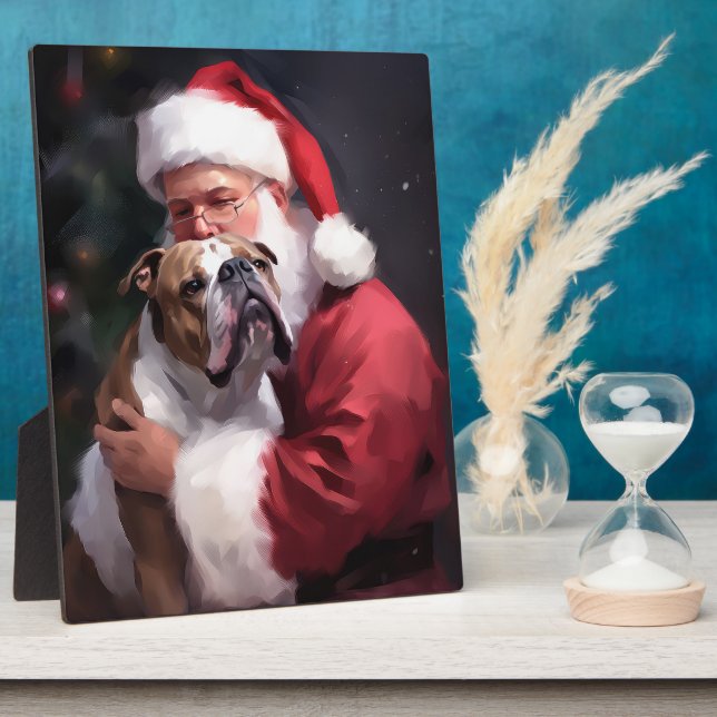Pitbull With Santa Claus Festive Christmas Plaque (Side)
