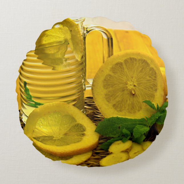 Pitcher of Lemon Tea Round Pillow (Front)