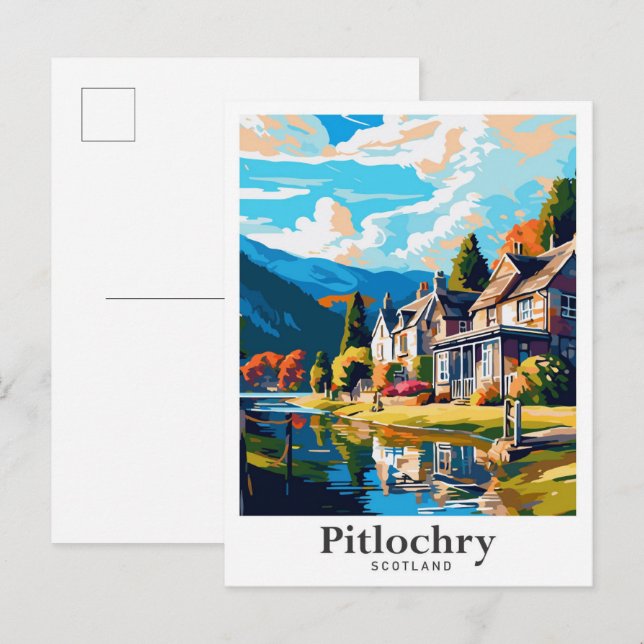 Pitlochry Scotland Art Vintage Travel Illustration Postcard (Front/Back)