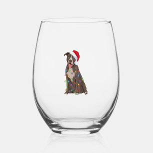 Pittie Pitbull Christmas Lights Xmas Dog Lover Stemless Wine Glass