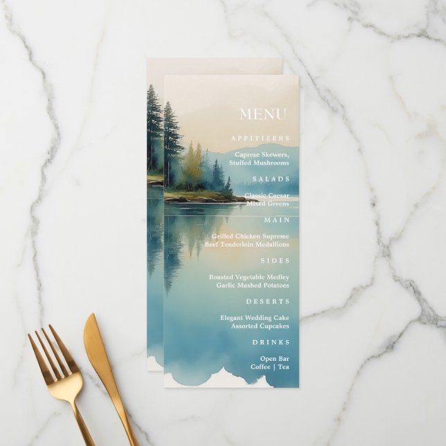 Pittoresque Watercolor Pine tree Lake menu mariage (Devant/Arrière en situation)
