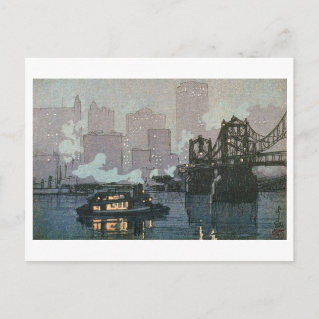 Pittsburgh at Night, Hiroshi Yoshida, Woodcut Postcard (Front)