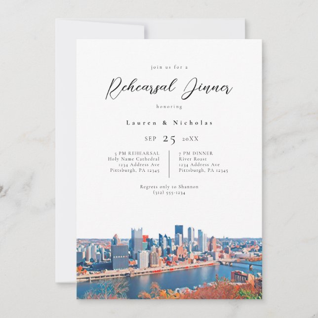 Pittsburgh Cityscape Rehearsal Dinner Invitation (Front)