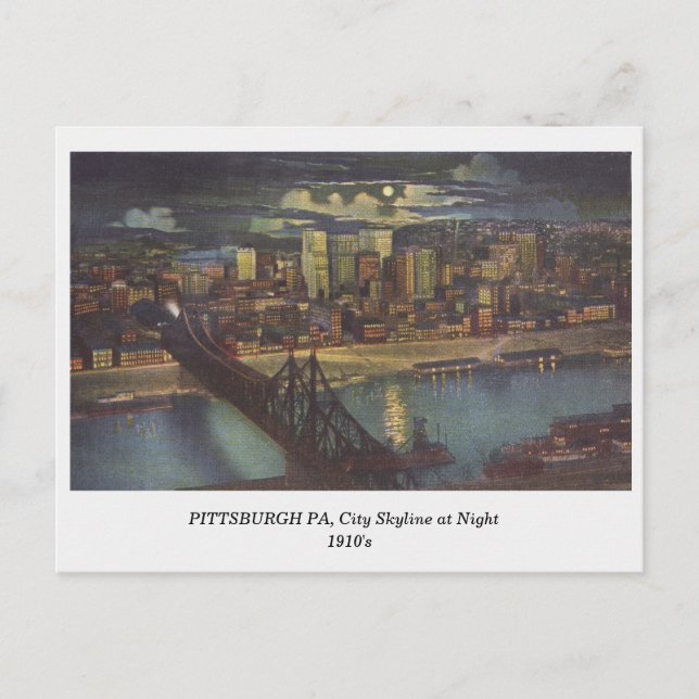 Pittsburgh PA, City Skyline at Night old postcard (Front)