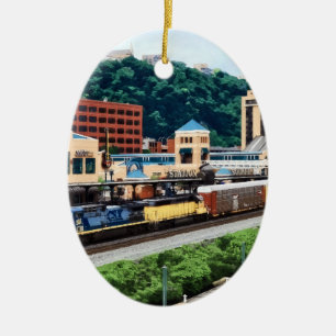 Pittsburgh PA - Train Going By Station Square Ceramic Ornament