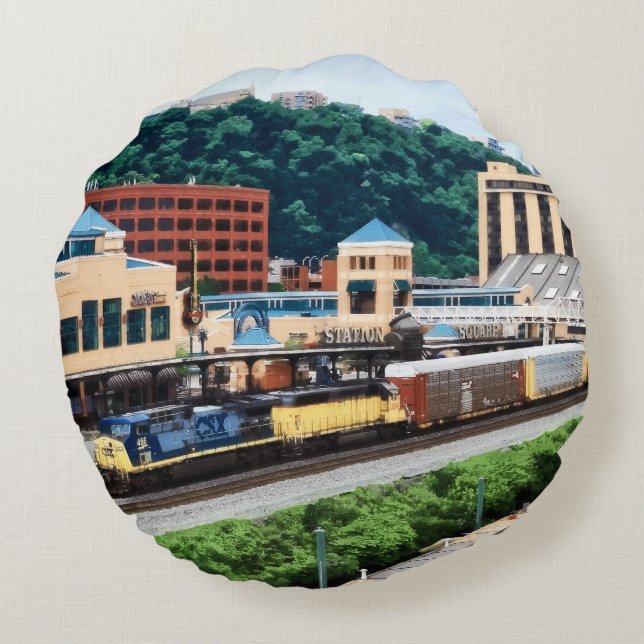 Pittsburgh PA - Train Going By Station Square Round Pillow (Back)