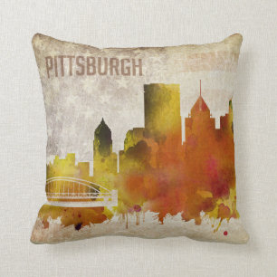 Pittsburgh, PA Watercolor City Skyline Throw Pillow