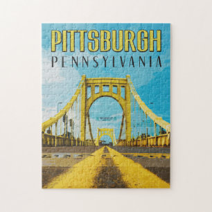 Pittsburgh, PA Yellow Bridge Vintage Travel Jigsaw Puzzle