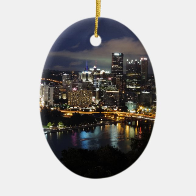 Pittsburgh Skyline at Dusk Ceramic Ornament (Front)