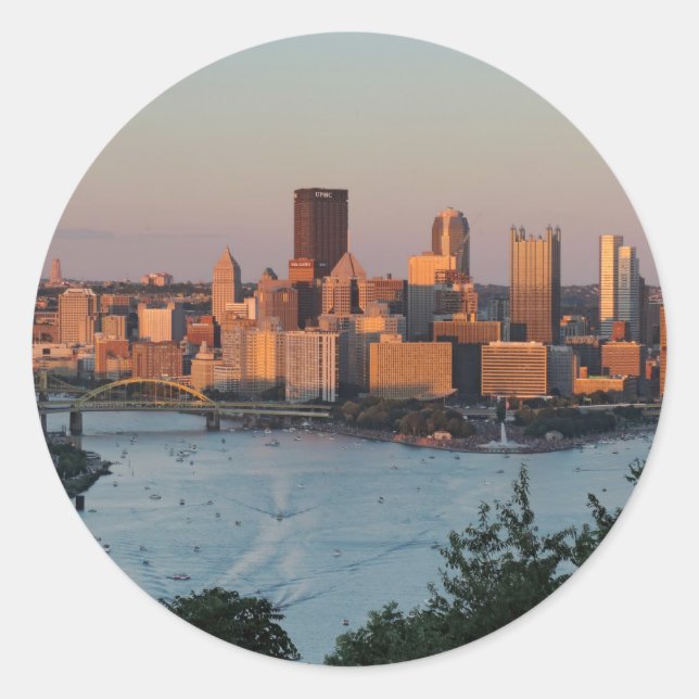 Pittsburgh Skyline at Sunset Classic Round Sticker (Front)