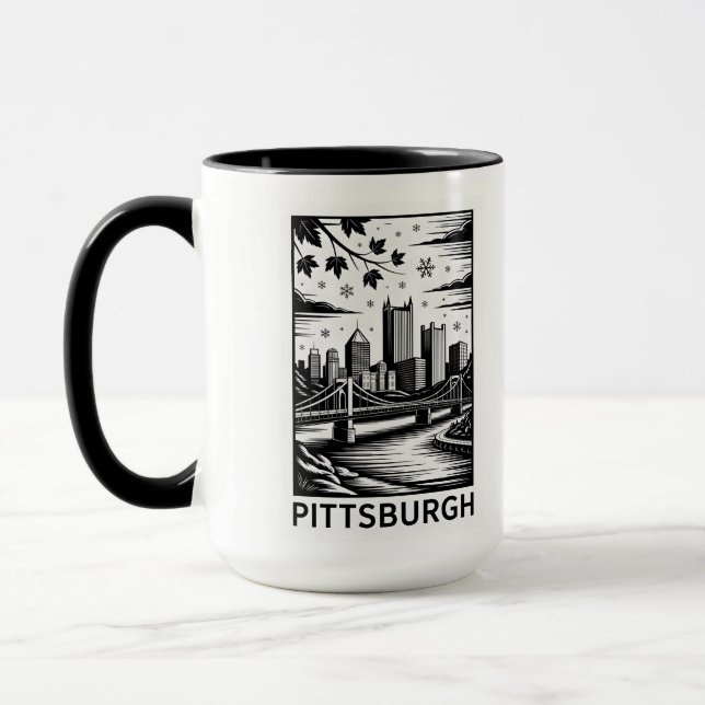 Pittsburgh Skyline Black & White Winter City Mug (Left)