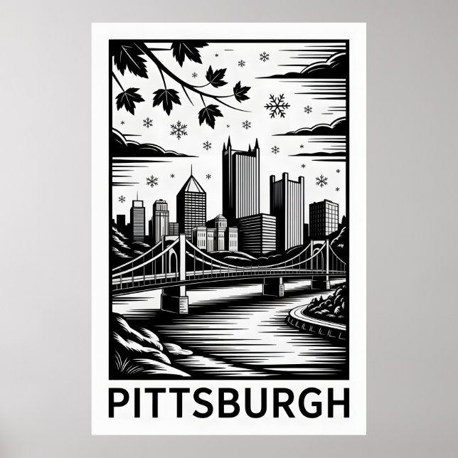 Pittsburgh Skyline Black & White Winter City Poster (Front)