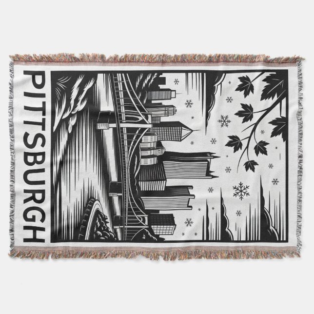 Pittsburgh Skyline Black & White Winter City Throw Blanket (Front)