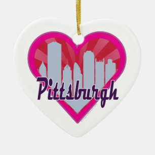 Pittsburgh Skyline Sunburst Heart Ceramic Ornament