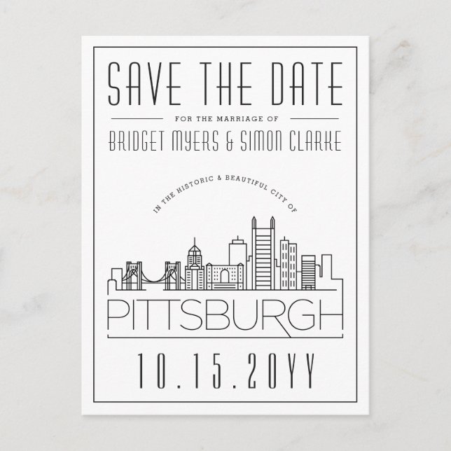 Pittsburgh Wedding Stylized Skyline Save the Date Postcard (Front)