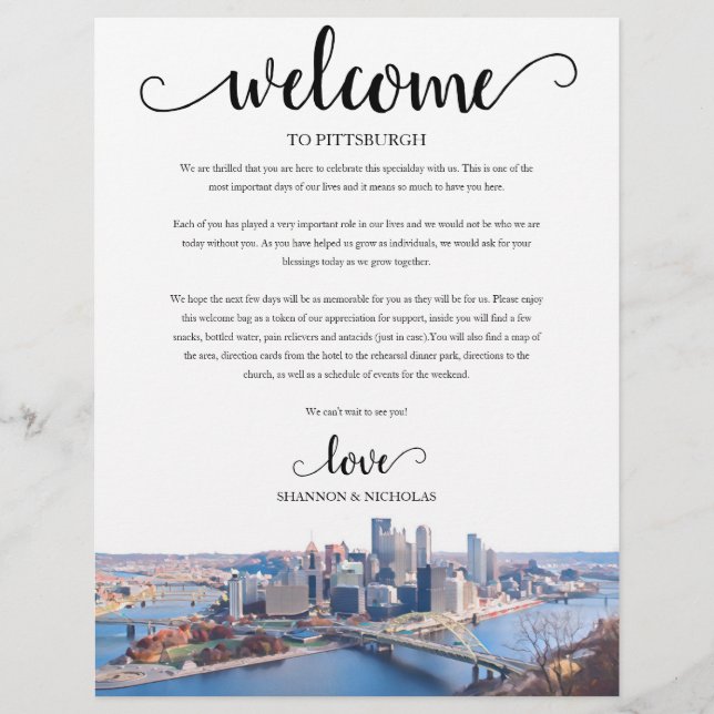 Pittsburgh Wedding Weekend Welcome Itinerary (Front)
