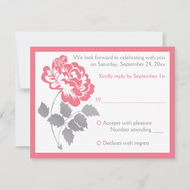 Pivoine Rose Corail avec Carte de Réponse Grise (Devant)