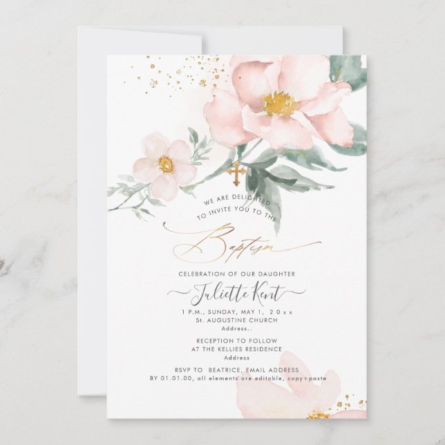 PixDezin H2 Single Petal Blush Roses Baptism Invitation (Front)