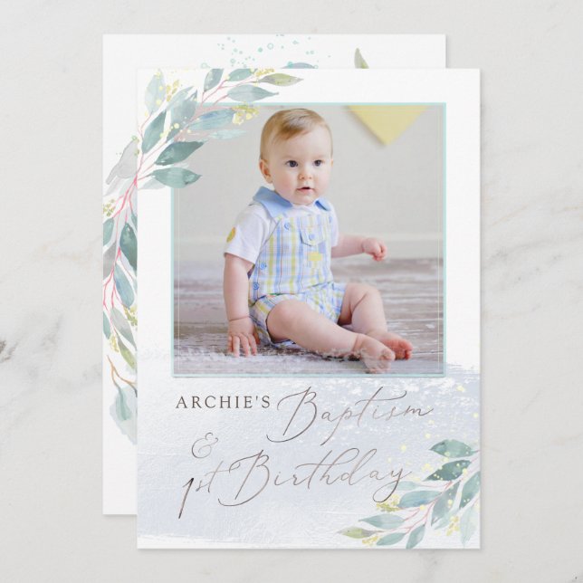 PixDezine Baptism+1st Birthday Watercolor Greenery Invitation (Front/Back)