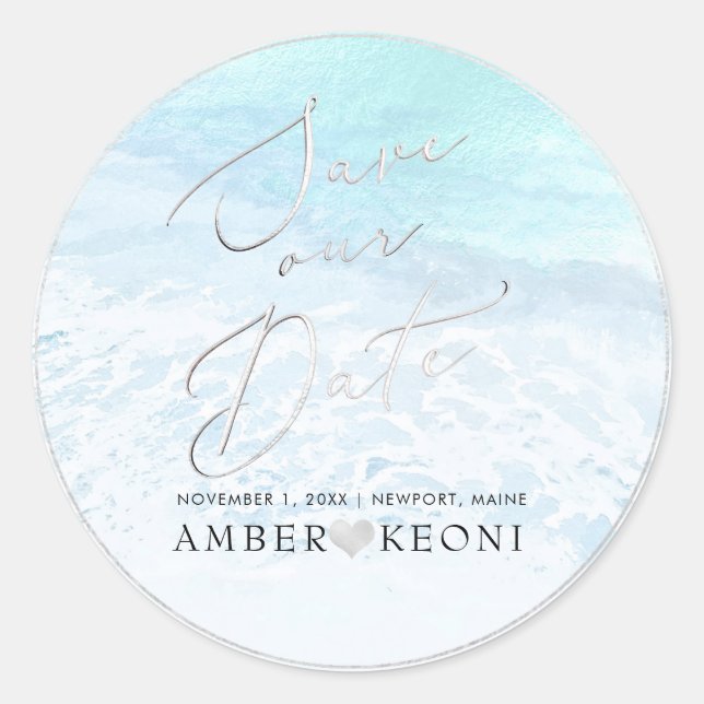 PixDezine Beach Iridescent Blue Save Our Date Classic Round Sticker (Front)