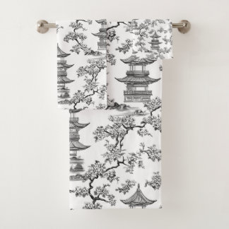 PixDezine Black Chinoiserie Pagoda Cherry Blossoms Bath Towel Set
