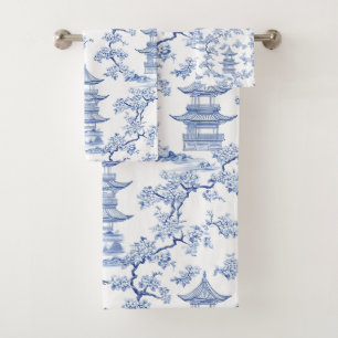 PixDezine Blue Chinoiserie Pagodas Cherry Blossoms Bath Towel Set