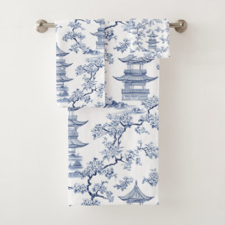 PixDezine Blue Chinoiserie Pagodas Cherry Blossoms Bath Towel Set