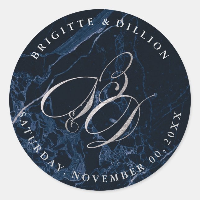 PixDezine DIY/Midnight Blue Marble/Faux Silver Classic Round Sticker (Front)