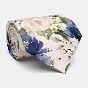 PixDezine Dusty Blue Blush Roses Navy Neck Tie